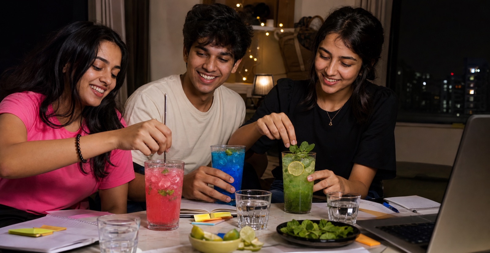 Three Indian friends making colourful mocktails during a study break